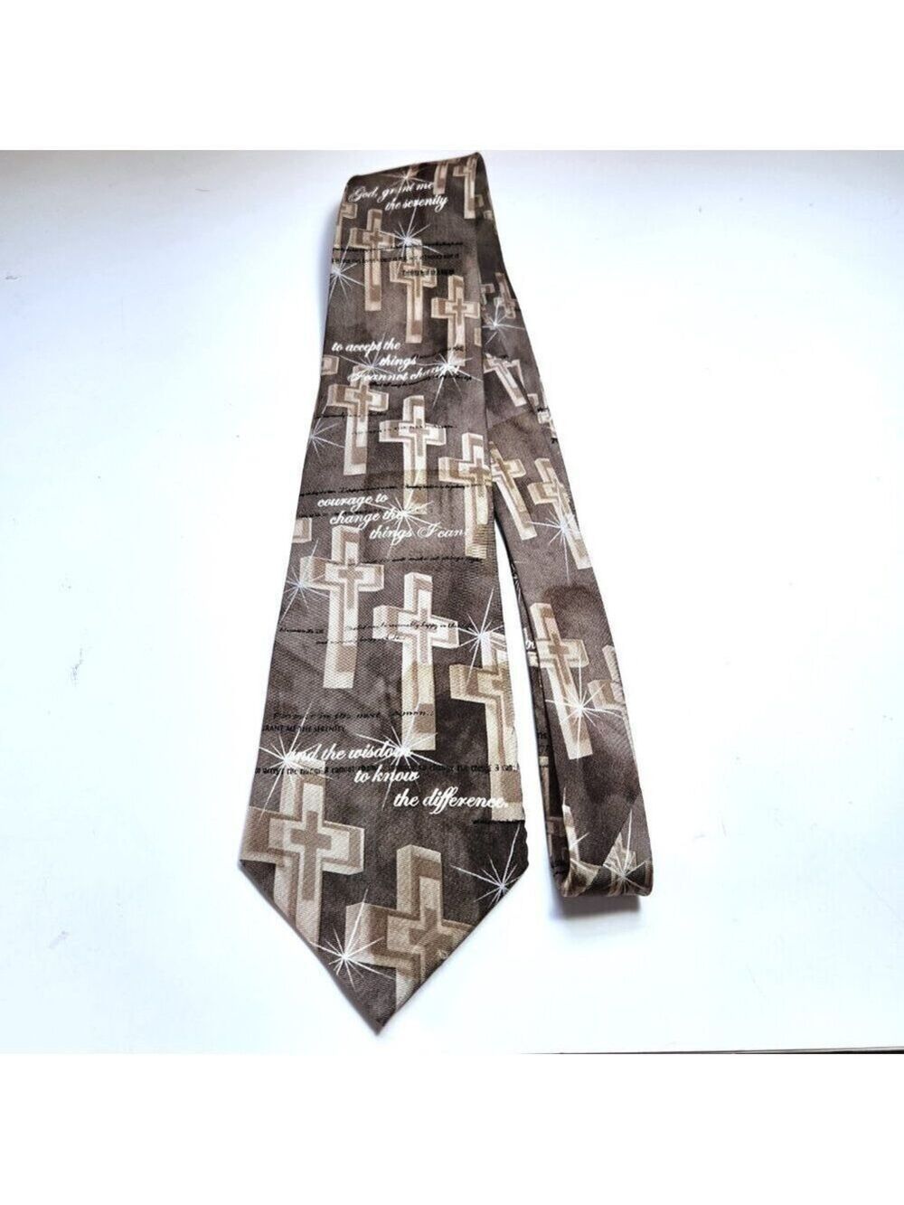 Larson Serenity Prayer Men's Necktie Christian Cross Brown Beige Silk Religious